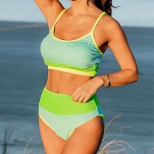 Pink Lily Do Not Disturb Blue Color Block Bikini Top high waisted bottoms L NWOT